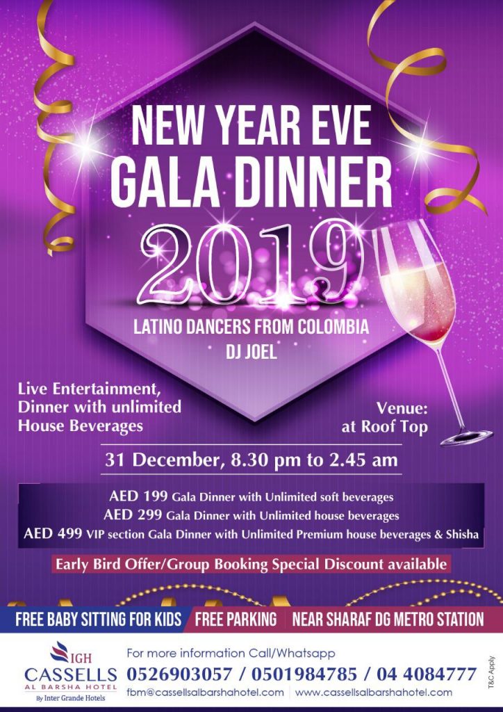 New Year’s Eve Gala Dinner 2019 at Cassells Al Barsha Hotel