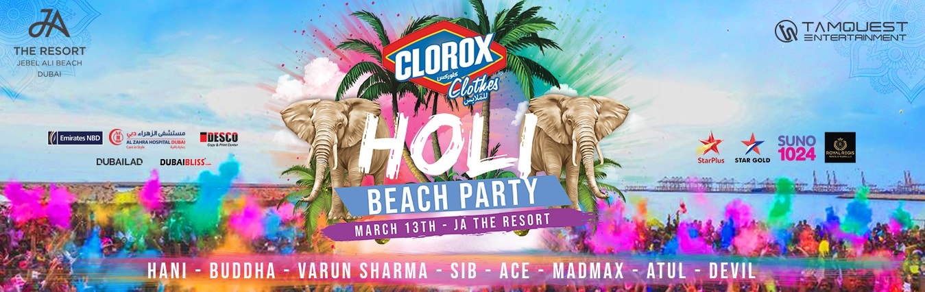 Clorox Holi Beach Party on March 13th at JA The Resort Dubai