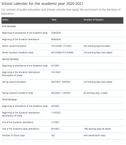 School Calender For The Academic Year 2020-2021